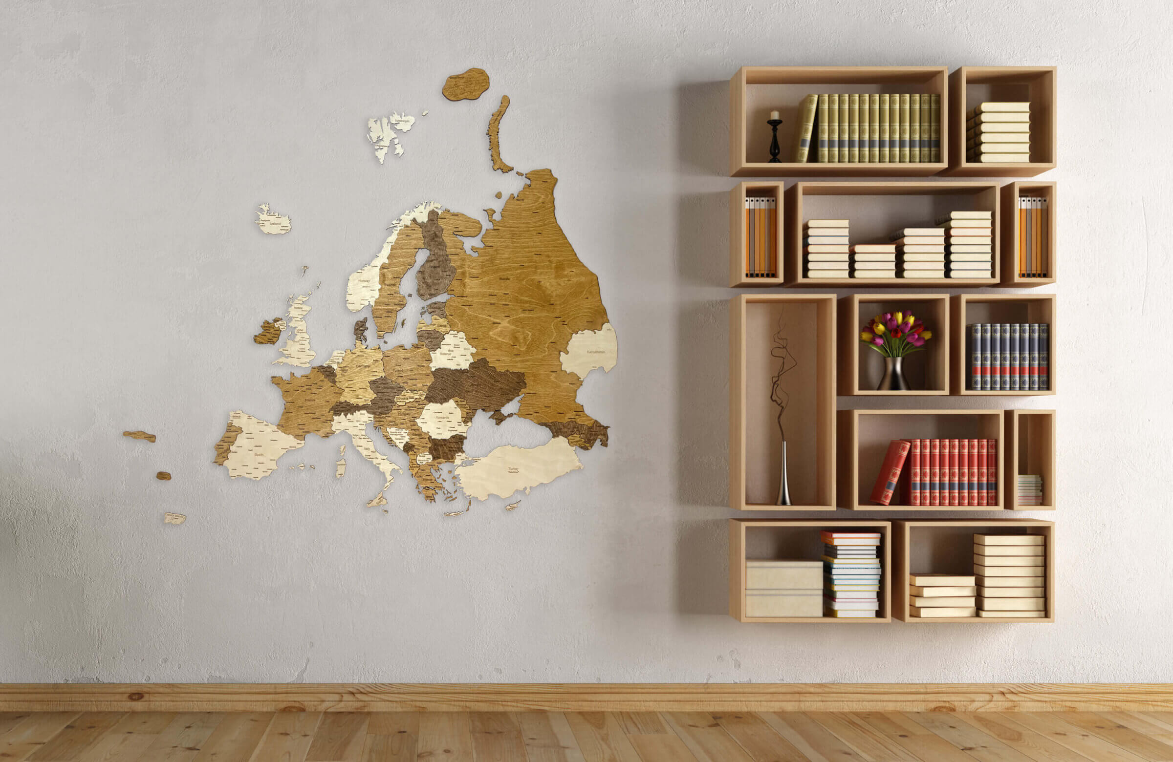 3D-Holzkarte von Europa - Wanddekoration