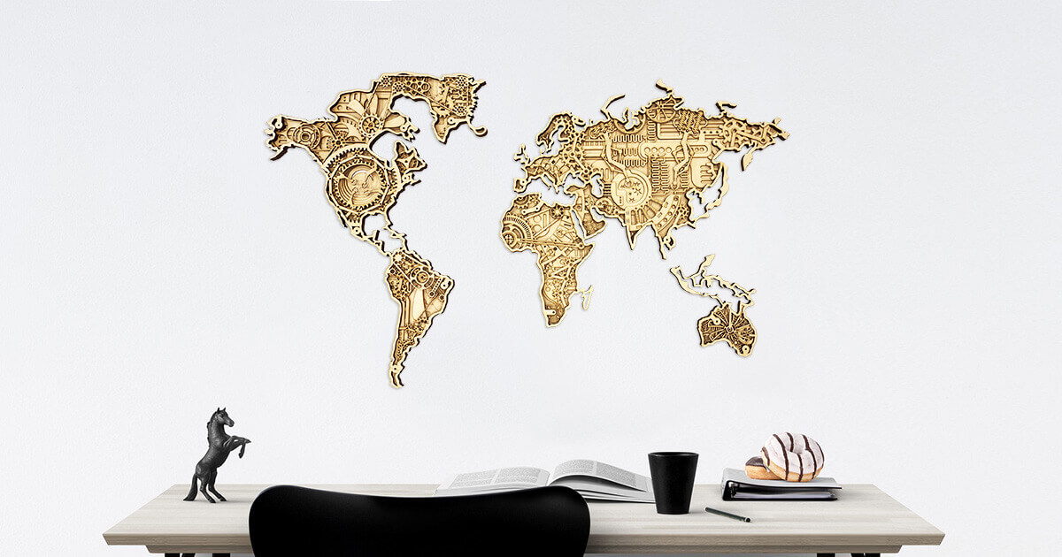 Industrielle Holzkarte der Welt - an der Wand montiert