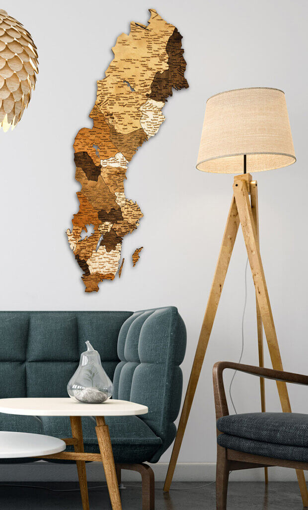 Holzwandkarte von Schweden - große Wanddekoration - 68travel